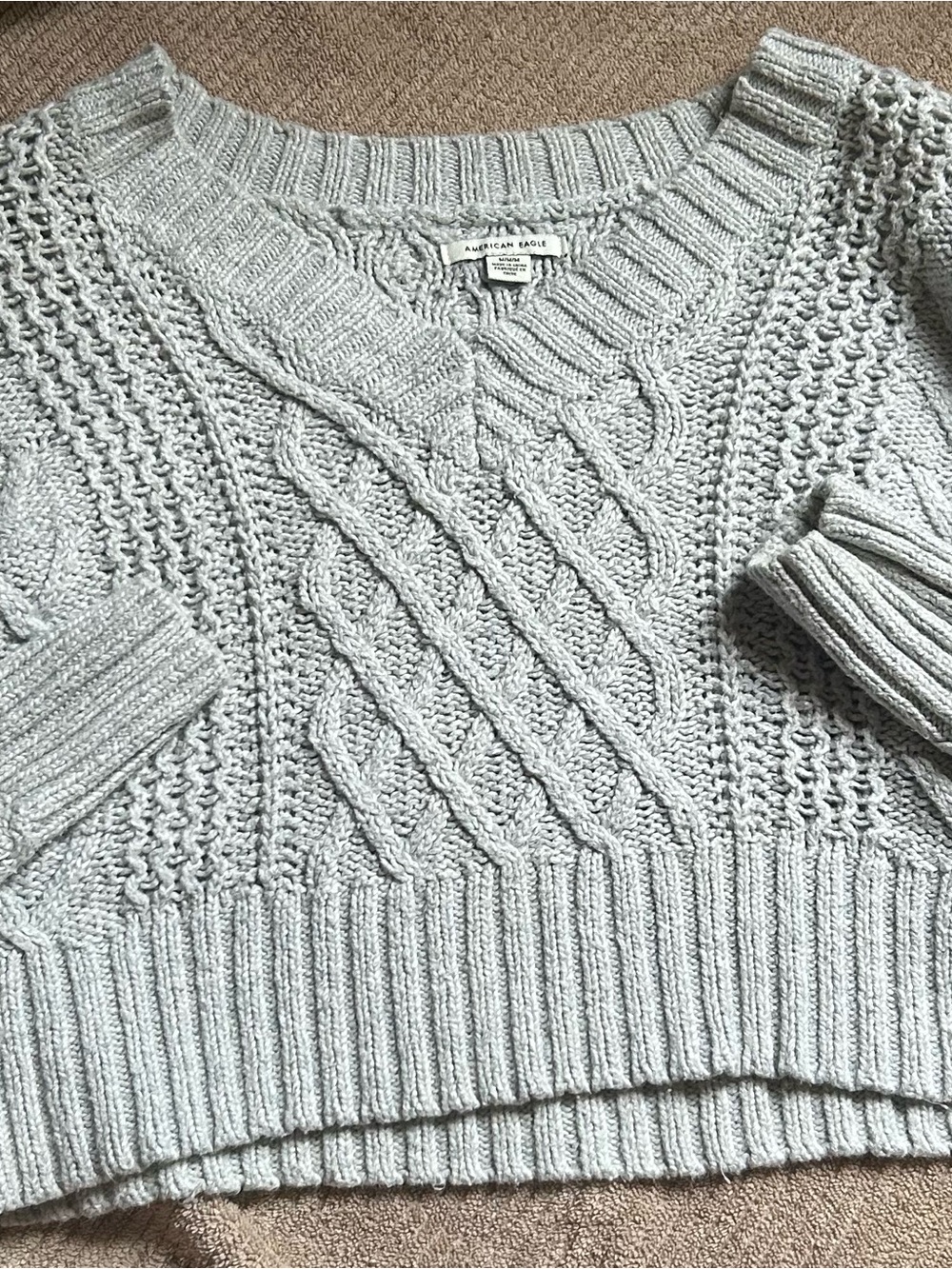American Eagle Light Gray Cropped Cable Knit Sweater